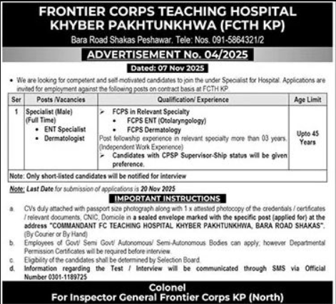 Frontier Corps Teaching Hospital FCTH Peshawar Apply Jobs 2025