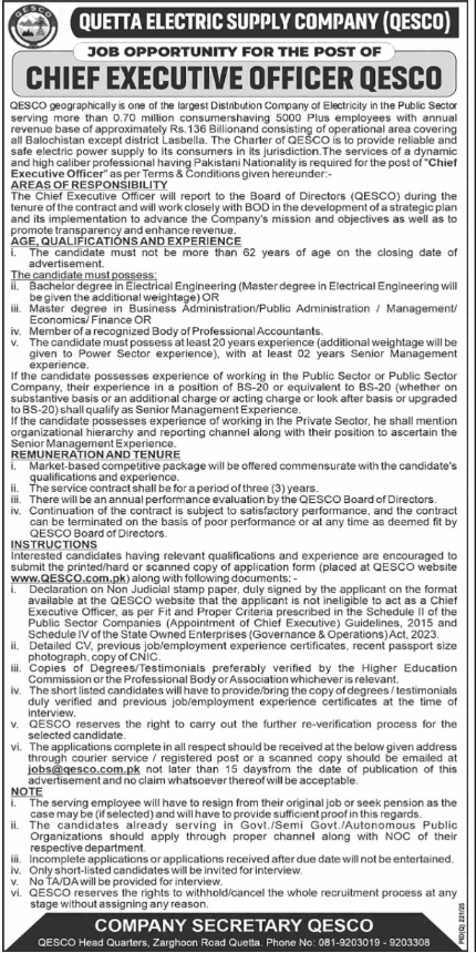Quetta Electric Supply Company QESCO Apply Jobs 2025