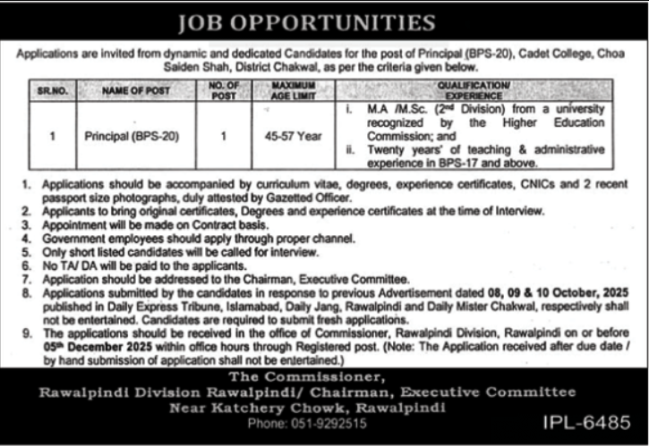Cadet College Rawalpindi CCR Apply Jobs 2025