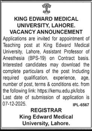King Edward Medical University Apply Jobs 2025