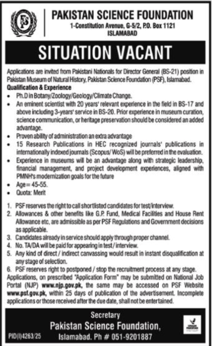 Pakistan Science Foundation Apply Jobs 2025