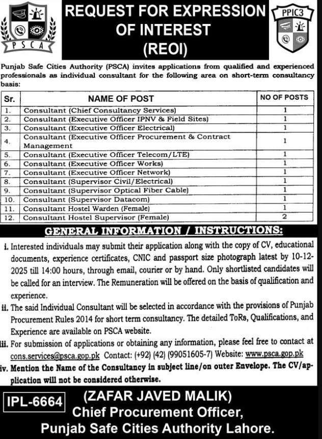 Punjab Safe Cities Authority PSCA Lahore Jobs 2025