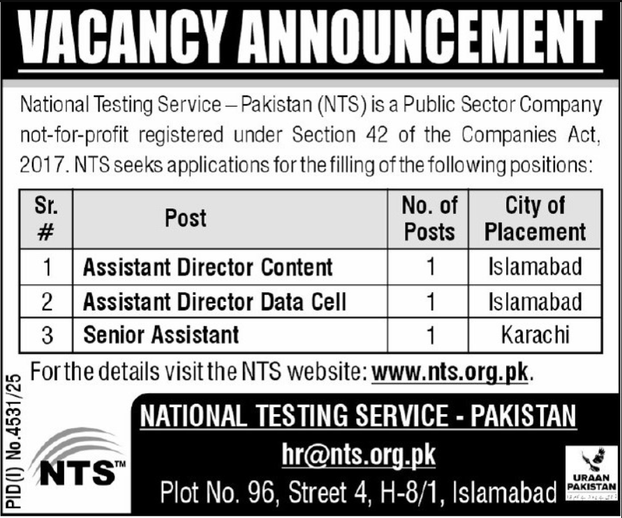 National Testing Service Pakistan NTS Islamabad Apply Jobs 2025