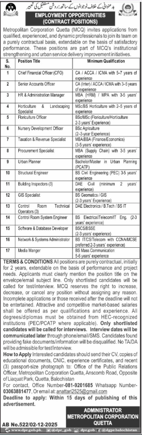 MCQ Metropolitan Corporation Quetta Jobs 2025