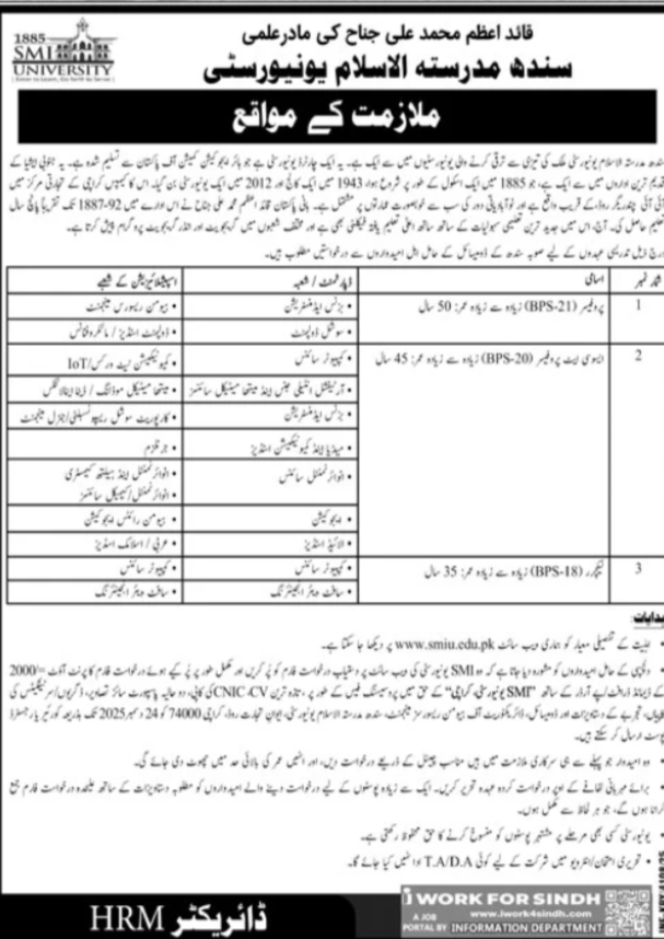 Sindh Madressatul Islam University Karachi Apply Jobs 2025