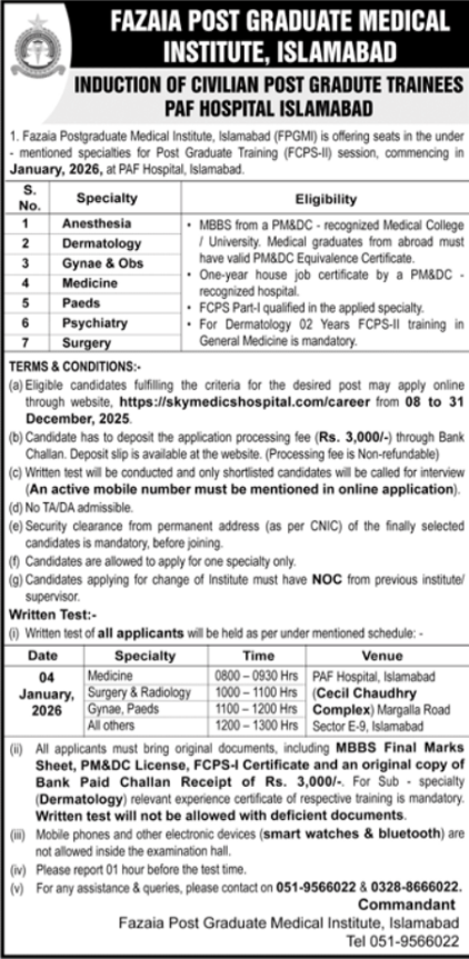 Fazaia Post Graduate Medical Institute Apply Jobs 2025